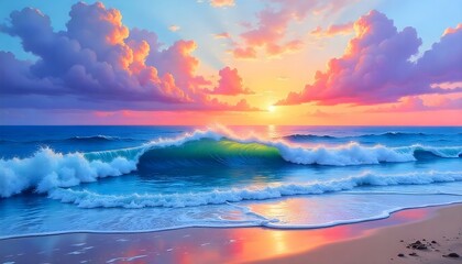 Oil painting of a seascape at sunset, featuring waves crashing on the shore under a sky filled with colorful clouds