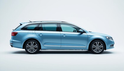 Blue Station Wagon Car on White Background Side View Studio Shot