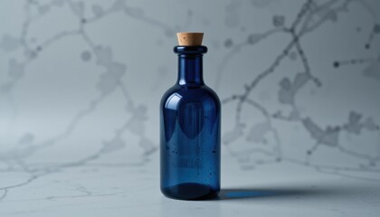 Blue Glass Bottle Still Life with Cork Stopper on Marble