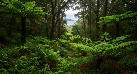 Fototapeta premium Lush Green Canopy: A Glimpse of Serene Coastal Forest AI Generated