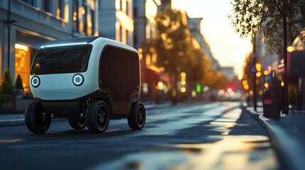 Obraz premium Autonomous vehicle city sunset delivery