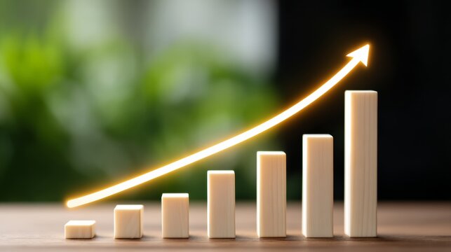 Wooden bar chart with a line going up and a green background. The chart is made of wood and has a yellow line going up
