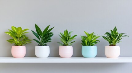 Fototapeta premium Row of potted plants on a white shelf against a gray wall. Small potted plants in pastel colored pots. Fresh greenery. Home decor