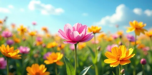 Fototapeta premium Vibrant Pink and Yellow Blossoms in a Sunny Meadow, a Delightful Springtime Scene of Natural Beauty and Tranquility