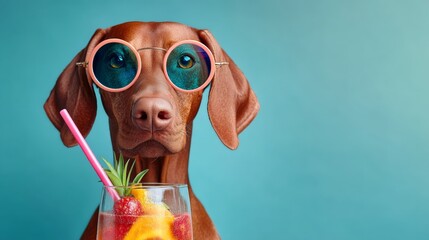 Dog wearing sunglasses and holding a glass of fruit punch. The dog is wearing a pink straw in its mouth