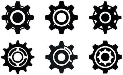 black and white gear icons, each with unique design elements in the center