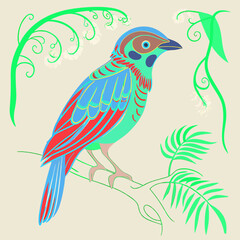 Obraz premium Vibrant vector illustration of a Pitta bird with striking blues, greens, and reds.