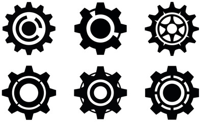 A collection of six simple, black gear icons on a clean white background.