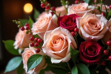 Fototapeta premium A captivating bouquet of delicate peach and rich crimson roses, artfully arranged with vibrant red berries, creates a romantic and enchanting floral display.