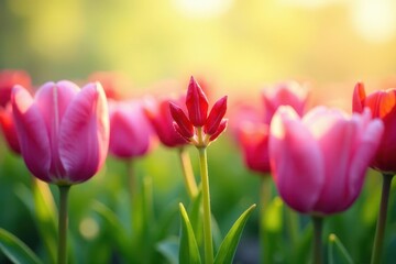 Obraz premium A single vibrant red tulip stands tall amidst a field of soft pink blossoms bathed in the warm glow of sunset light, creating a stunning contrast of colors and textures.