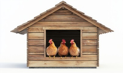 Three hens inside wooden coop, white background; farm animals, poultry
