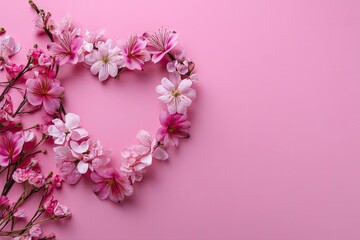 Delicate Pink Flowers Form a Heart Shape on a Pink Background