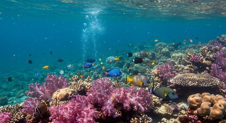 Fototapeta premium Vibrant Coral Reef: Underwater Serenity and a School of Colorful Fish AI Generated