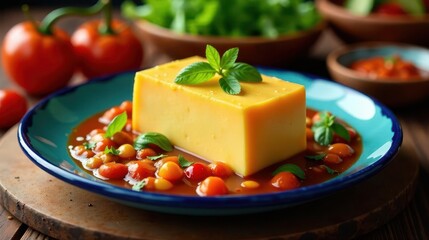 A vibrant culinary creation  golden custard atop a medley of simmered tomatoes and legumes, artfully arranged on a richly hued plate.