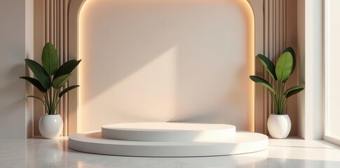 Fototapeta premium Serene Minimalist Interior with Two Plants Flanking a Circular Display Platform