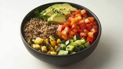 A fresh vegetable quinoa bowl with hummus and avocado. Featuring nourishment and texture
