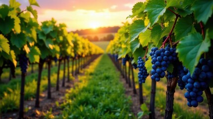 Naklejka premium Sunset over a vineyard, rows of grapevines laden with ripe bunches of dark purple grapes, bathed in the golden light of the setting sun, a picturesque rural scene