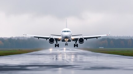 Commercial jetliner landing on wet runway in overcast weather