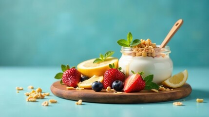 A refreshing yogurt parfait with summer berries and lemon slices, topped with crunchy granola, presented on a rustic wooden board.