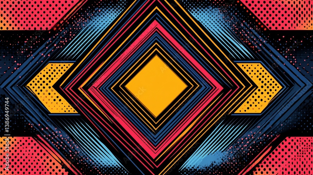 Poster Vibrant geometric pattern with dynamic angular forms and halftone textures
