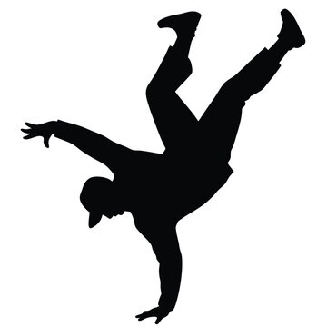Silhouette Of Breakdancer Performing Handstand Freeze On White Background Vector Illustration.