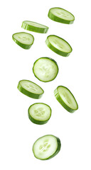 Falling cucumber slices isolated on transparent background