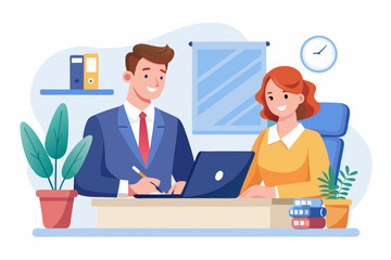 office a Mean and a Lady's are business partners notes desk white background  isolated vector