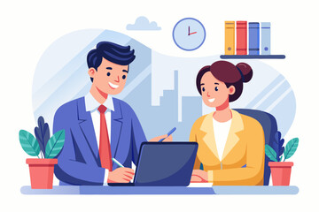 office a Mean and a Lady's are business partners notes desk white background  isolated vector