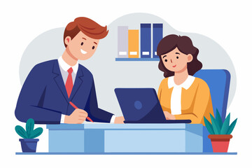 office a Mean and a Lady's are business partners notes desk white background  isolated vector