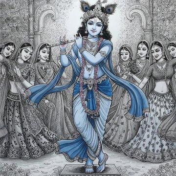 Radha Krishna Drawing | Easy Simple Radha Krishna Pencil Sketche Drawing 4K HD High Quality Wallpaper Background &ndash; Serene Kadamba Tree Scene with Krishna Flute & Radha Graceful Pose