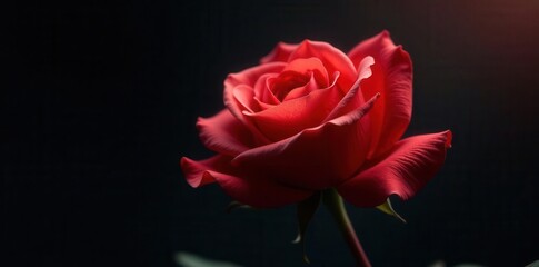 Fototapeta premium A single crimson rose, elegantly posed against a deep black background, its petals illuminated by a soft, warm light, showcasing the intricate details of its velvety texture and delicate form.