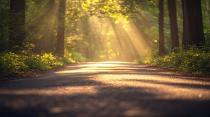 Obraz premium Sunlight streaming through forest road, peaceful morning scene, nature