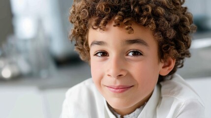 Young boy with curly hair is smiling for the camera. The boy is wearing a white shirt and he is happy
