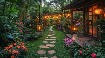 Obraz premium Enchanted Garden Path: A Serene Evening in a Lush Tropical Paradise