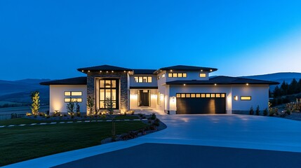 Stunning luxury home exterior at dusk showcasing modern architectural design