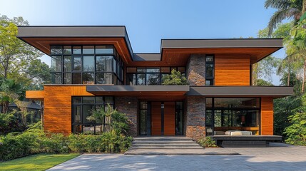 Fototapeta premium Modern Luxury Home Entrance with Clean Lines, Surrounded by Greenery, Under a Clear Blue Sky, Minimalistic and Serene Design.