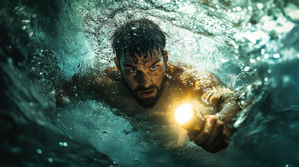 Determined man swimming underwater with flashlight, creating dramatic and intense atmosphere