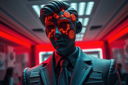 AI Businessman with Emoji Stock Data Face Holding in Futuristic Office Setting