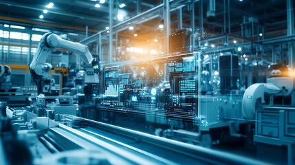 Obraz premium An AI powered system enhancing energy efficient manufacturing by analyzing production data, machine performance, and energy consumption to optimize manufacturing processes and reduce waste