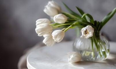 white tulips in a glass vase on top of a small round table, Generative AI