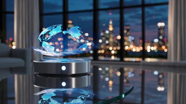 Futuristic holographic globe projects from sleek smart device against twilight city panorama. High-tech home interface displays glowing world map in luxury penthouse, dramatic night skyline reflection