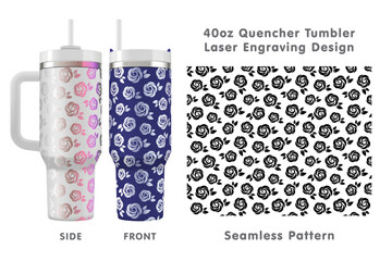 Seamless laser engraving design for 40oz tumbler. Roses tileable pattern. Full tumbler wrap. Vector illustration.