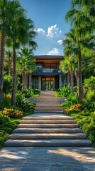 Obraz premium Modern Luxury Home Entrance with Clean Lines, Surrounded by Greenery, Under a Clear Blue Sky, Minimalistic and Serene Design.