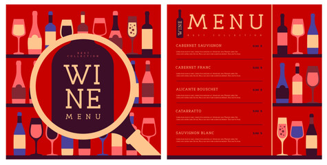 Restaurant wine menu design with various types of wine glasses and bottles. Wine background. Vector illustration