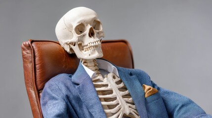 Skeleton is sitting in a chair wearing a suit and tie. The skeleton appears to be relaxed and comfortable, as if it is taking a break from work. Concept of humor and lightheartedness