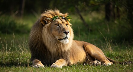 Obraz premium Majestic Lion Resting in a Verdant Meadow AI Generated