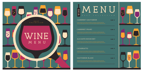 Restaurant wine menu design with various types of wine glasses. Wine background. Vector illustration.