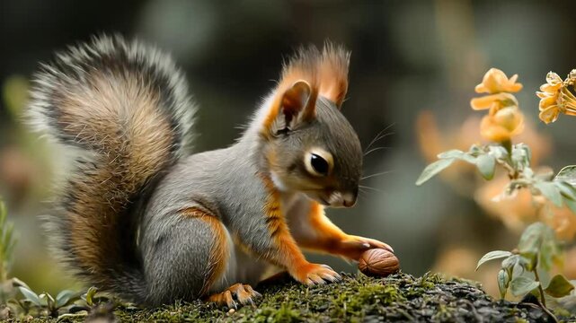 A squirrel sits on a branch and nibbles a nut.