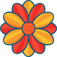 Colorful Stylized Flower with Geometric Petals and Polka Dot Center in Vibrant Red, Orange, and Yellow