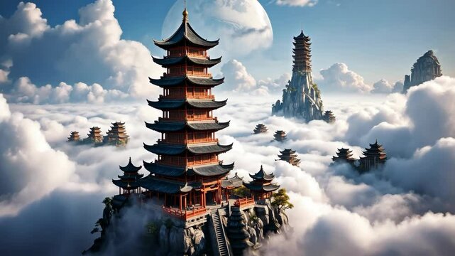 Spectacular vista of a chinese pagodas emerging amidst a sea of clouds and fantastical architecture